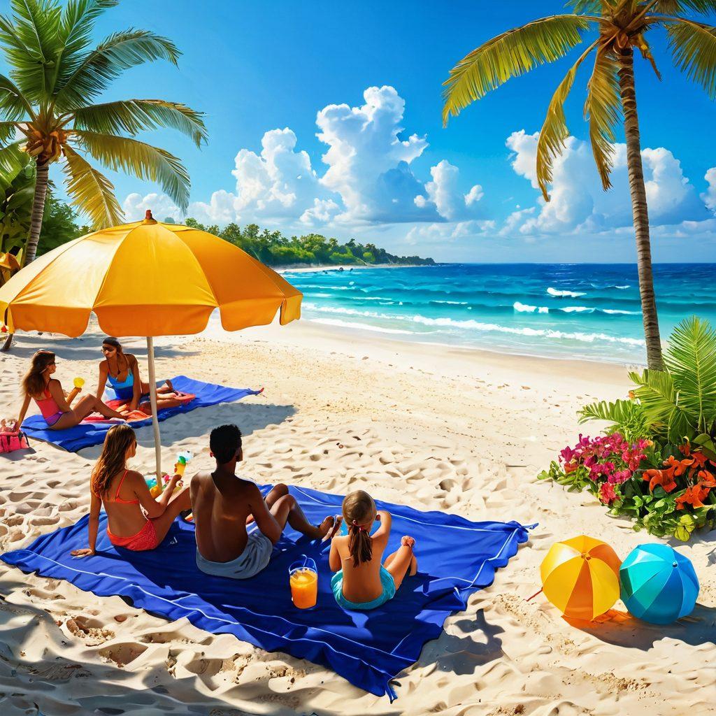 A sunlit beach scene showcasing families enjoying various summer activities like building sandcastles, playing beach volleyball, and lounging under colorful umbrellas. Include tropical drinks with garnishes and a backdrop of crystal-clear waves gently lapping at the shore. Make the atmosphere vibrant and joyful to evoke a refreshing summer vibe. super-realistic. vibrant colors. sunlight glare.