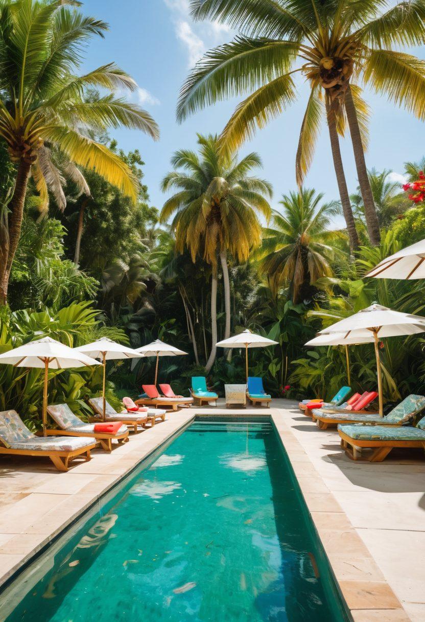 A vibrant poolside scene showcasing a sunny summer day, featuring colorful beach umbrellas and fluffy pool floats. People of diverse backgrounds are joyfully engaged in activities like playing beach volleyball, lounging on deck chairs, and sipping tropical drinks. Lush green palm trees frame the scene, with splashes of water from a diving board adding a sense of fun. The atmosphere is filled with laughter and happiness, evoking a perfect summer retreat vibe. super-realistic. vibrant colors. white background.