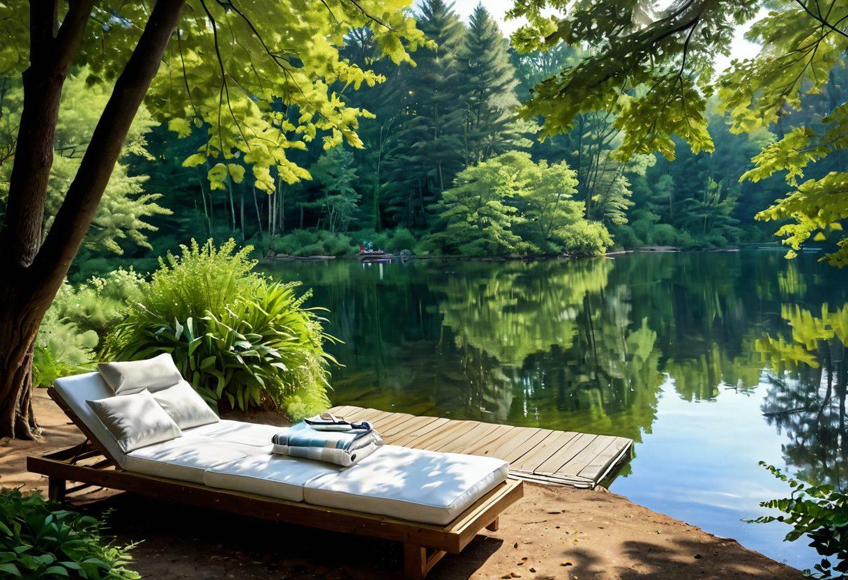 A serene lakeside scene featuring cozy gathering spaces with blankets and cushions, guests sharing joyful moments, and a tranquil swimming area surrounded by lush greenery. Soft sunlight filters through the trees, creating a warm and inviting atmosphere. Elements of relaxation, like floating lounge chairs and a gentle breeze ripple on the water's surface. painting. vibrant colors. tranquil style.